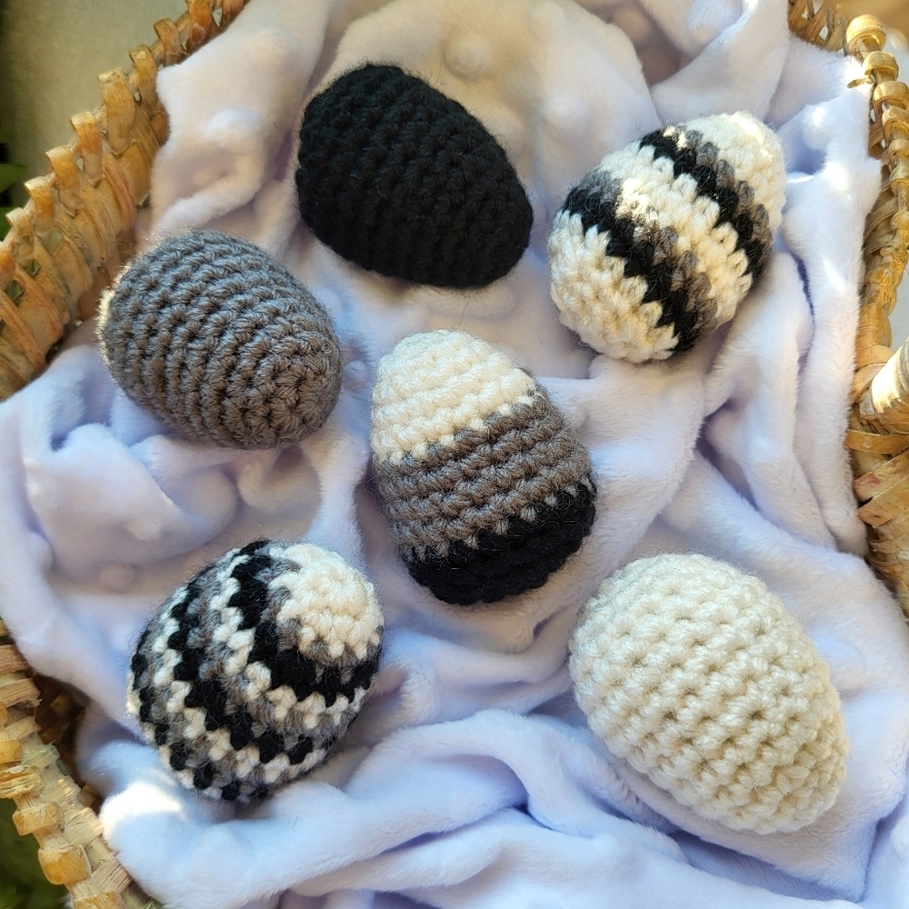 Crochet Eggs - Black Gray White - Set of Six - Handmade - Picture 1 of 4